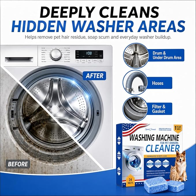 Enzyme Washing Machine Cleaner Tablets for Pet Owners, Deep Clean | Throughly Remove Wash Deodorizer Pet Odor & Hair Residue, for HE Front/Top Load Washers, 24 Count,1 Year Supply