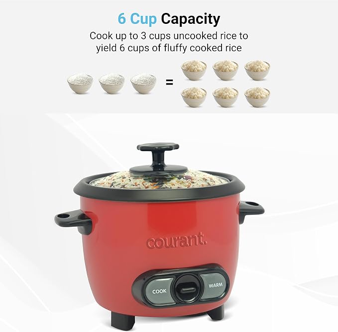 Courant Rice Cooker 6-Cup (Cooked), Removable Non-Stick Bowl, One Touch Rice Cooker, Red