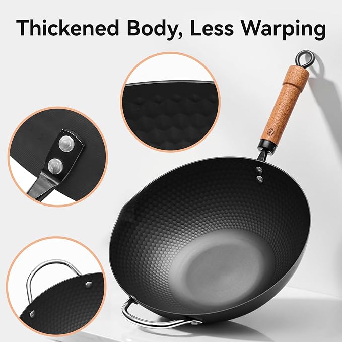 WANGYUANJI Flat Bottom Wok Pan, 12.6 Inch Carbon Steel Stir Fry Pan with Lid, Uncoated Heavy Duty Iron Woks for Cooking, Compatible with Induction Gas Electric Stovetops, Deep Frying Skillet Cookware