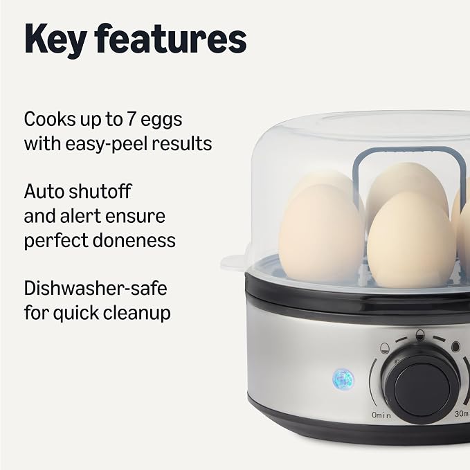 Amazon Basics Electric Egg Cooker for Hard-Boiled Eggs with Auto Shutoff, Dishwasher-Safe Parts, 7-Egg Capacity, BPA Free, Black
