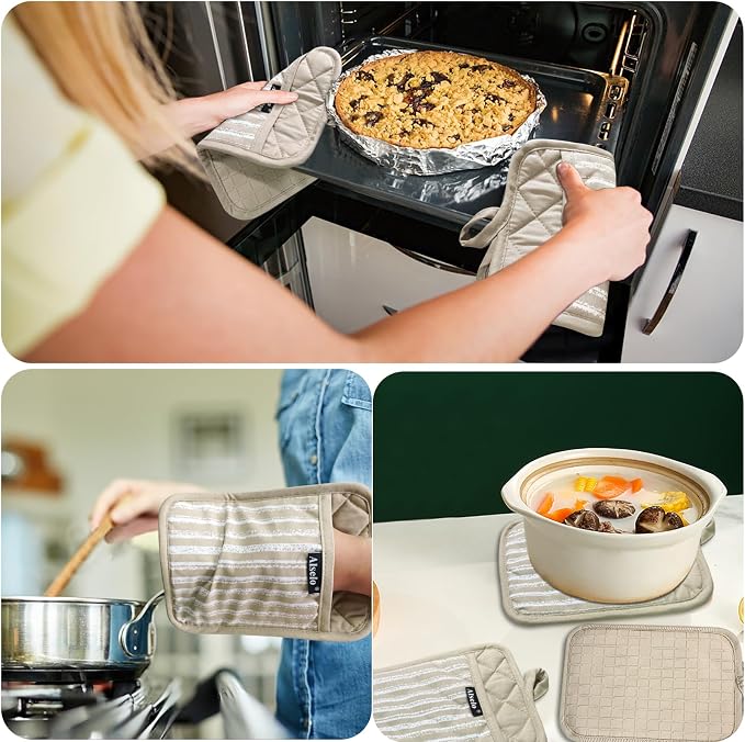 Alselo Silicone Pot Holders Set of 3 Heat Resistant & Non Slip Potholders | Professional Oven Hot Pads with Pockets Mitts for Kitchen Cooking Baking Barbecue (Khaki, 3)
