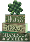 Lineshading 4 Pcs Shamrock Wooden Block Signs for Tiered Tray Home Decor | Rustic Farmhouse Table Ornaments, Buffalo Plaid Clover Topper, Stacked Signs Hugs Kisses Shamrock Wishes, St Patrick Decor