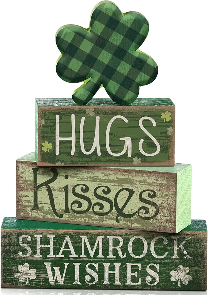 Lineshading 4 Pcs Shamrock Wooden Block Signs for Tiered Tray Home Decor | Rustic Farmhouse Table Ornaments, Buffalo Plaid Clover Topper, Stacked Signs Hugs Kisses Shamrock Wishes, St Patrick Decor