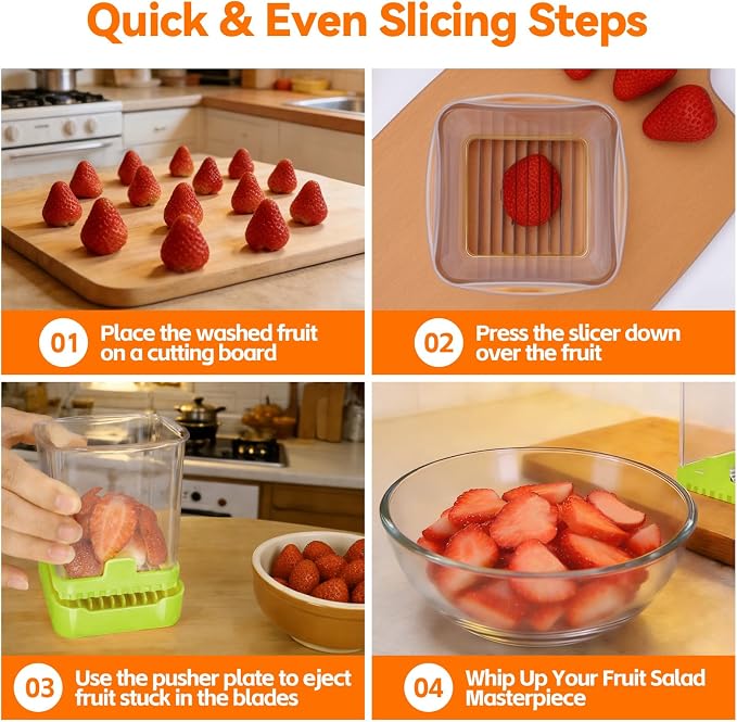 Strawberry Slicer Cup, Fruit Cutter, Quick-Slice, Meal Prep, Green | Dual-Function Base, Easy-Clean & Storable – 304 Stainless Steel Blade – Quick & Safe Slicing Kitchen Gadget