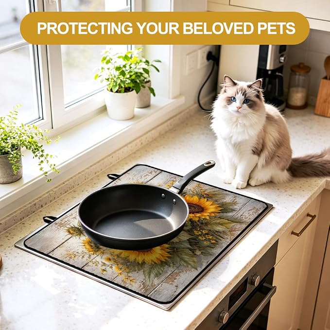 Sunflower Farmhouse Stove Top Cover for Electric Gas Glass Stove | Sunflower kitchen decor, yellow floral; non-slip stovetop cover, glass cooktop noodle board, rustic fall counter mat