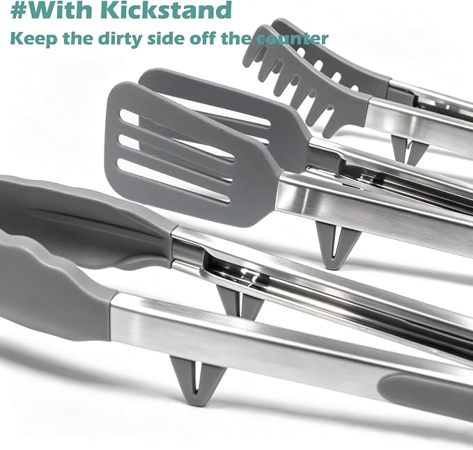 12" Kitchen Tongs for cooking with Silicone Tips, 3Pcs Serving Tongs, Grey | Small Silicone Tongs mit kickstand, Food Grade, 3 different type of tongs, Stainless Steel