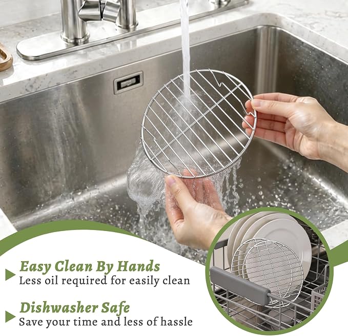 P&P CHEF 7.5 Inch Cooking Rack Round for Steaming Cooling, Silver, 2 Pack | Stainless Steel Round Wire Rack for Baking Grilling, Roasting, Fits Air Fryer, Steamer Pot, Oven & Dishwasher Safe
