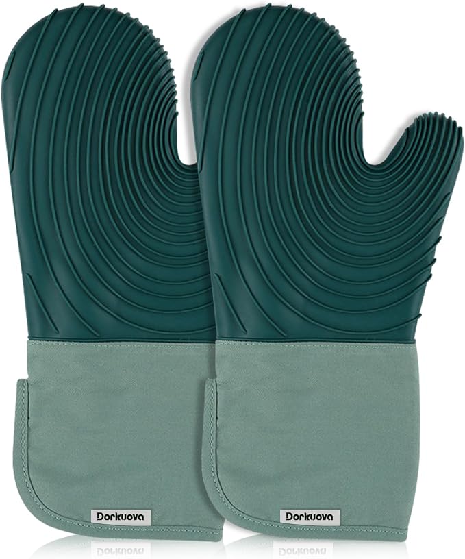 Silicone Oven Mitt Pack,Cotton Lined Gloves, BPA-Free, Long Cooking Mitts and Trivet Mats, Silicone Grilling Gloves for BBQ, 2 Pieces, (Green)
