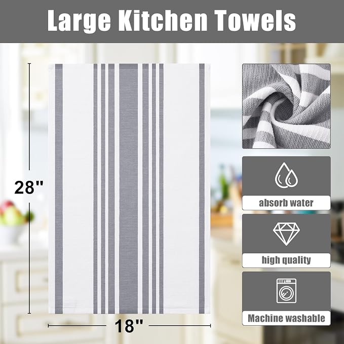 Homaxy Premium Cotton Stripe Kitchen Towels 12 Pack, 18"x 28", Grey | Large 380 GSM Kitchen Hand Towels, Soft Terry Dish Towels, Highly Absorbent Tea Towel Set with Hanging Loop