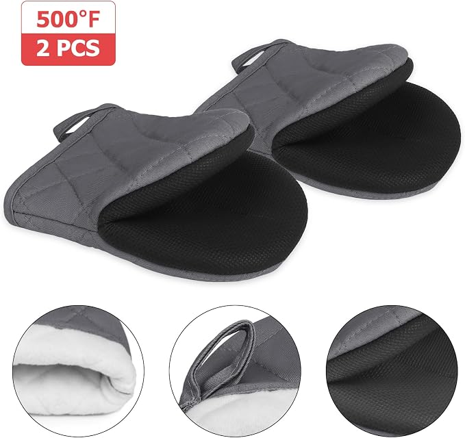 Goldmeet Mini Oven Mitts 2-Pack, 7"x5.5", 500°F Silicone Grip, Cement Gray | Non-Slip, Heat Resistant, Machine Washable, Hanging Loop, Fits Small Hands, for Baking Grilling BBQ Cooking