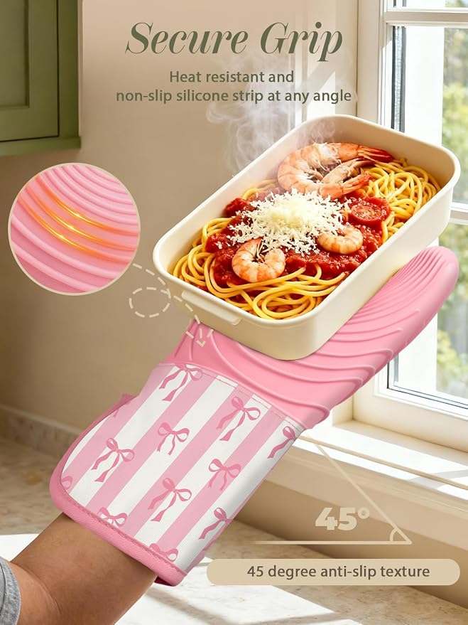 Slohif Long Silicone Oven Mitts Heat Resistant for Women - 2 Pcs Pink Bow 100% Cotton Oven Gloves, Non-Slip and Waterproof Silicone Oven Mitts with Hanger for Baking and Cooking