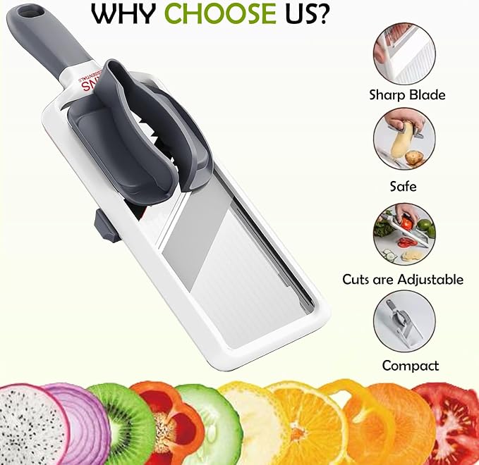 Mandoline Slicer for Kitchen – Adjustable Stainless Steel Blades, with Comfort Grip – Vegetable Slicer for Small to Medium sized Cucumber, Onion, Potato – Gray
