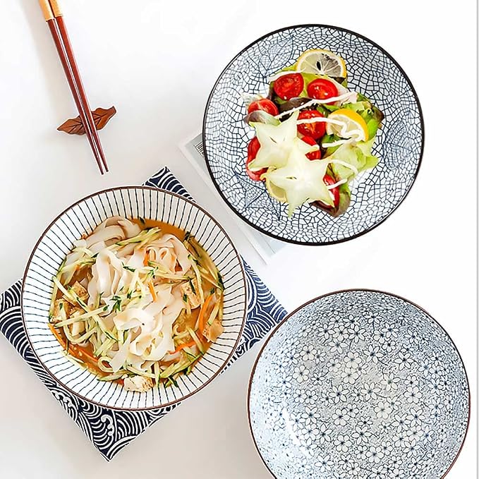 Houlu 60 oz Pho Bowls, Large Soup Bowl, Japanese Ramen Bowl Set, 8 inches Big Porcelain Bowls Set of 3, Mixing Pattern