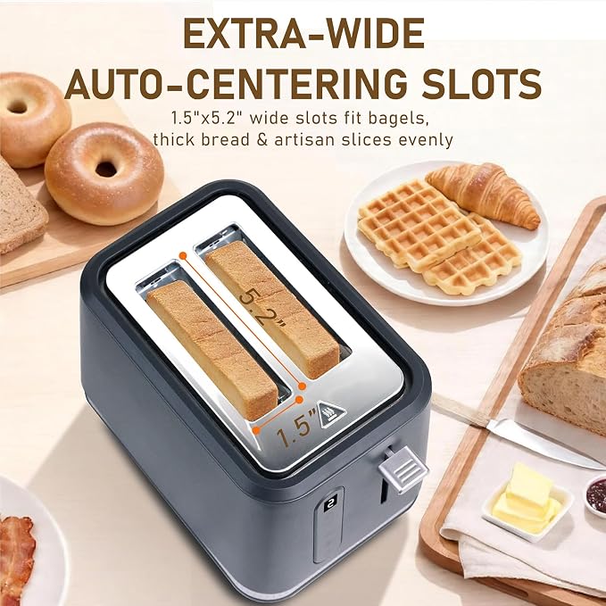 Stainless Steel Toaster 2 Slices, Toasters Wide Slot, Bread Toaster with Cancel, Reheat, Defrost Function, Bagel Toasters with Removable Tray & 6 Temperature Settings, LED Display, Grey