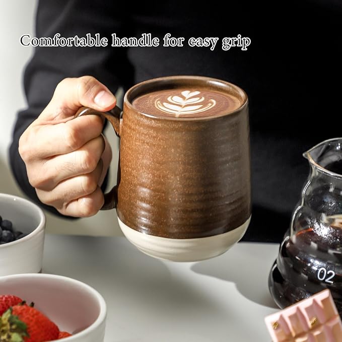 HASENSE Ceramic Coffee Mug Set of 4, 15 oz Coffee Cups with Big Handles, Large Latte Mugs for Men and Women, Christmas Cups for Tea, Hot Cocoa, Latte, Cappuccino, Dishwasher Microwave Safe, Brown