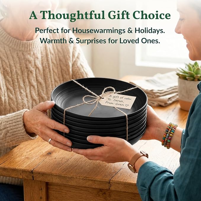 Wheat Straw Plates Sets 8 PCS Unbreakable Plastic Plates for Party, Camping, Picnic, Stackable Deep Dinner Plates Set Microwave & Dishwasher Safe Kitchen Plates for Dessert (Black, 9 inch)