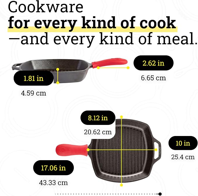 Lodge Square Cast Iron Grill Pan 10.5 Inches - Pre-Seasoned Square Skillet - Ridged Burger Grill Pan - Even Heat Distribution - PFAS-Free Non-Toxic Cookware