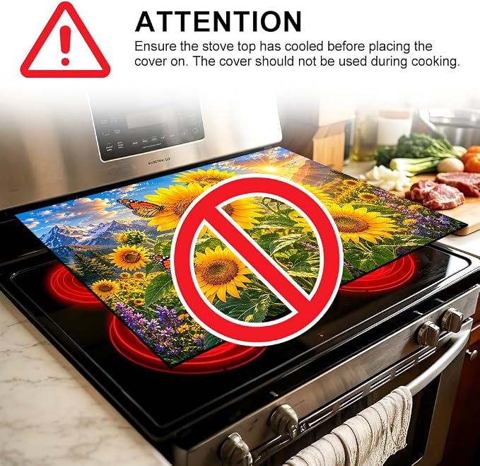 Sunflower Butterfly Stove Top Cover for Electric Stove, 28x20 In | Heat-resistant non-slip mat holds hot cookware; glass cooktop protector, dish drying, ironing pad; farmhouse kitchen decor