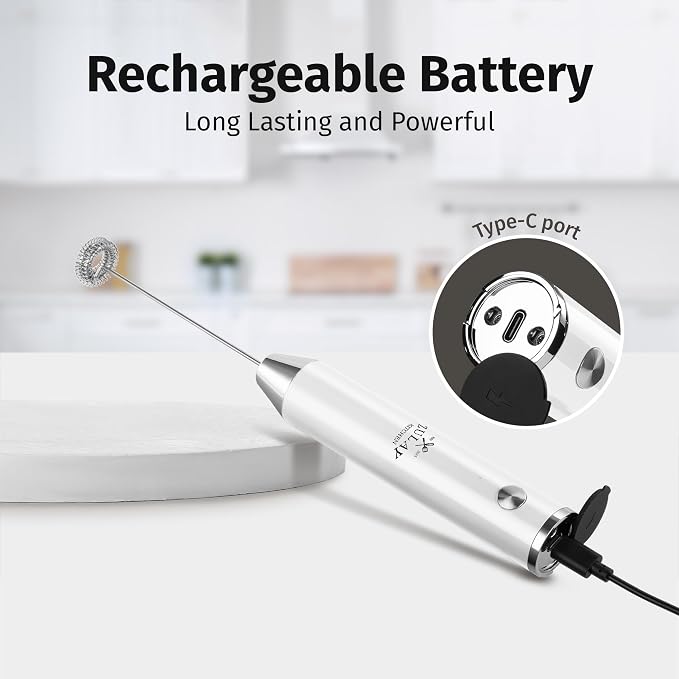 Zulay Kitchen Rechargeable Milk Frother Handheld - Frother Wand, Drink Mixer, Electric Whisk Frother, for Cappuccinos, Matcha & Protein Powder - Lux Double Whisk 2 Speed Waterproof 2000mAh White