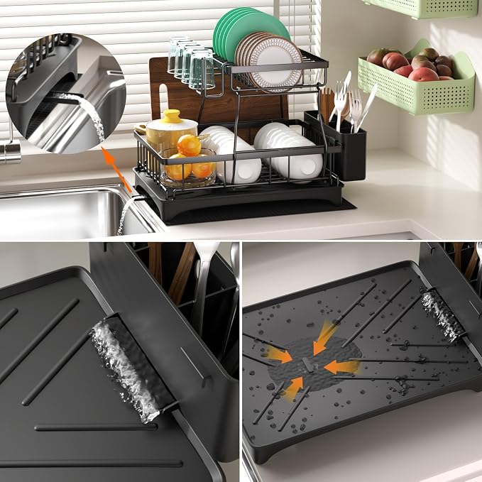 2-Tier Dish Drying Rack - Dish Rack with Auto Drain-to-Sink & Mat | Dish Racks for Kitchen Counter, Dish Drainer with Knife Fork & Cup Rack, Gifts for Women, Mothers Day, Kitchen Gadgets, Black