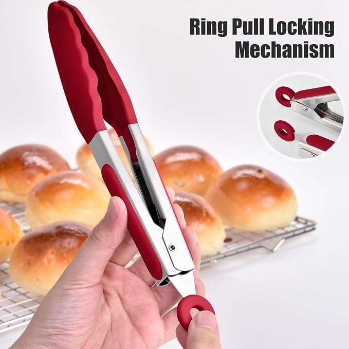 Doosu Kitchen Tongs with Silicone Tips for Cooking Serving (7in, Red) | 600°F Heat Resistant Food Tong, Heavy Duty Stainless Steel Locking Tong for BBQ, Grilling Steak, Salad, Toast, Pasta