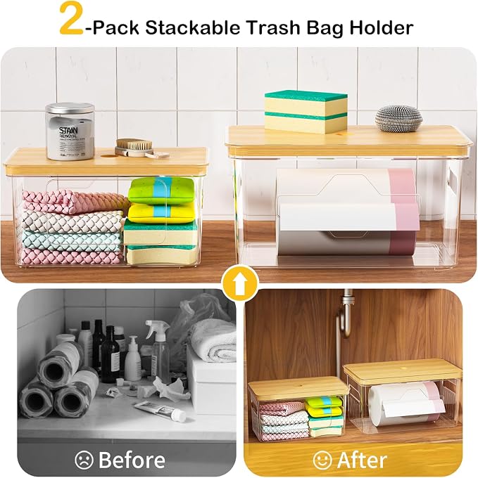 2 Pack Trash Bag Holder with Bamboo Lid, Stackable Garbage Bag Dispenser Under Sink, Storage Organizer for Kitchen, Laundry, Pantry