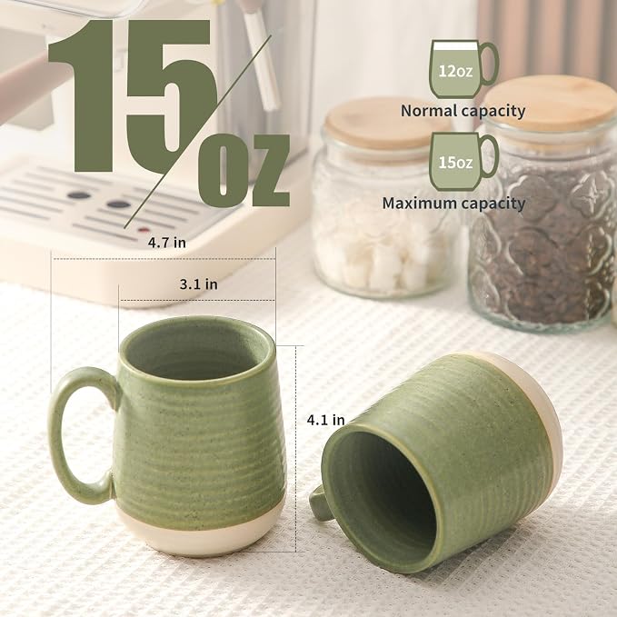 HASENSE Porcelain Coffee Mugs Set of 6, 15 Ounce Large Ceramic Coffee Cups Set with Handle for Latte, Tea, Cocoa and Hot Chocolate, Green Coffee Mugs for Men and Women, Microwave Safe