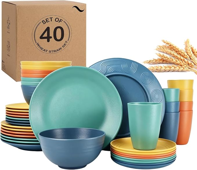 PYRMONT 40 PCS Wheat Straw Plates and Bowls Set Unbreakable Dinnerware Set Dishes for 8-Plate Sets,Cups Set,Microwave & Dishwasher Safe Bowls Set for Party,Family Gathering,RV-Multi