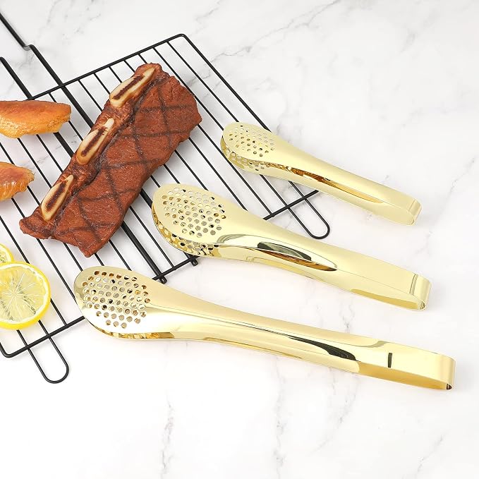 MSY BIGSUNNY Chef Kitchen Tongs Stainless Steel Food Serving Tongs Set of 3 (Golden 7" 9" & 11")