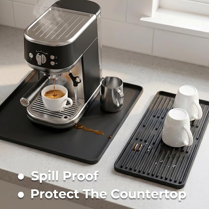 16×16-inch Barista-Grade Coffee Station Mat: Catch Spills, Protect Countertops! Silicone, Water Resistant & Heat Resistant. Perfect Under, as Dish Dryer or Pet Mat.(Black)