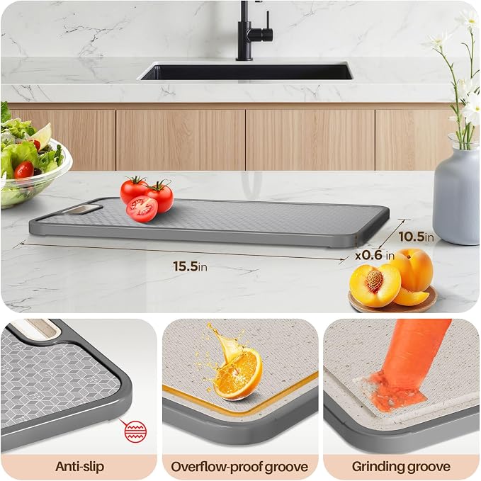 Titanium Cutting Board for kitchen, Dual Sided Food Grade Titanium & Wheat Straw PP, Non Slip Scratch Resistant Easy Clean, 15.5" x 10.5" (black)