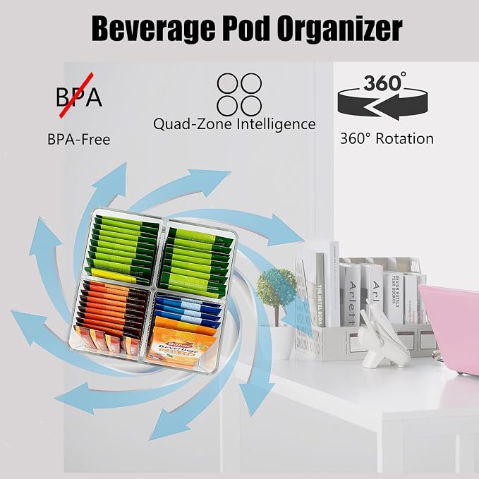 Square Lazy Susan Drink Packet Organizer 360° Rotating Water Flavor Packet Holder for Kitchen Pantry Cabinet Clear Storage Bin for Powdered Drink Mixes, Liquid IV, Tea Bags & Snacks