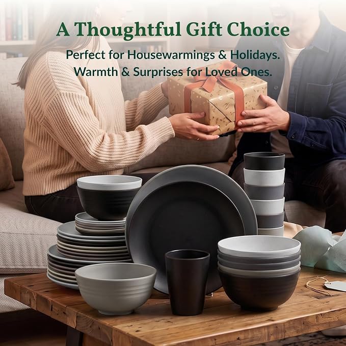 40 PCS Kitchen Plates and Bowls Sets for 8 Wheat Straw Dinnerware Sets Microwave and Dishwasher Safe Camping Dish Set Plate Set, Kids, Reusable, Unbreakable, Lightweight-BlackGrey