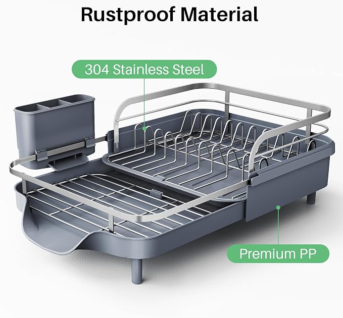 SNTD Expandable Dish Drying Rack for Kitchen Counter, 15.2-22.1 in, Gray | Rust-Resistant Stainless Steel, Protective Side Rails, Self-Draining Drainboard, Removable Utensil Holder