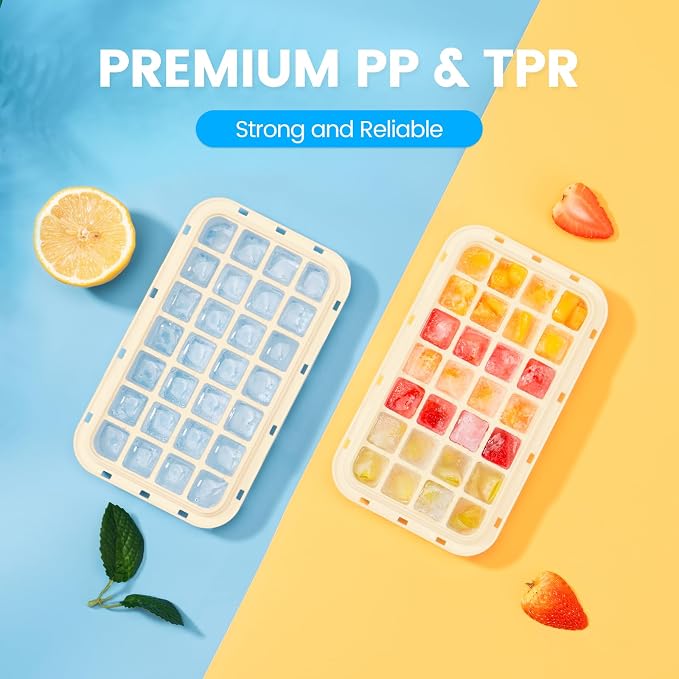 Ice Cube Tray with Lid and Bin, Easy Release 56 Cubes for Freezer | Food-grade BPA-free PP and ABS. Ice cubes for fruit, cocktails, iced coffee. Space-saving stackable with scoop