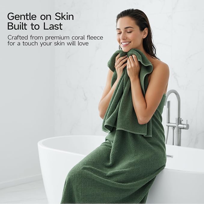 REDKISS Premium Towel Set of 8 - Ultra Soft Microfiber, Contains 2 Large Bath 35x70, 2 Hand 14x30, 4 Washcloths 14x14, Highly Absorbent, Quick Dry, Ideal for Everyday use, Hotel & Spa, Olive Green