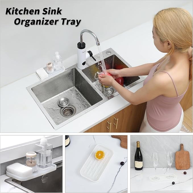 MicoYang Silicone Kitchen Sink Organizer Tray for Multiple Usage,Easy Clean Sponges Holder for Kitchen Bathroom Counter or Sink,Dish Soap Dispenser,Scrubber,Bottle,Cup Translucent 10”x 5.3”