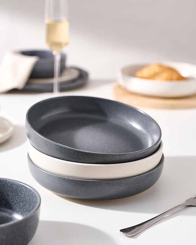 famiware Milkyway 33 oz Pasta Bowls Set of 4, Dark Charcoal & White | Double Reactive Glaze, Scratch-Resistant Stoneware Salad Bowls, Stackable, Dishwasher & Microwave Safe, Lead-Free