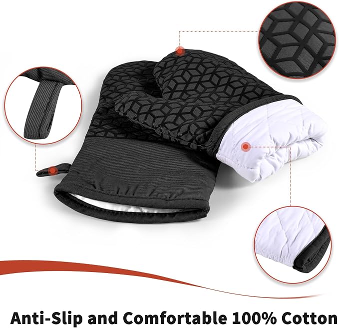 Oven Mitts and Pot Holders, 500°F Heat Resistant, Black | Oven Mitts Sets, Silicone Oven Gloves Featuring Non‑Slip Textured Grip, Perfect For Cooking, Baking and Grilling