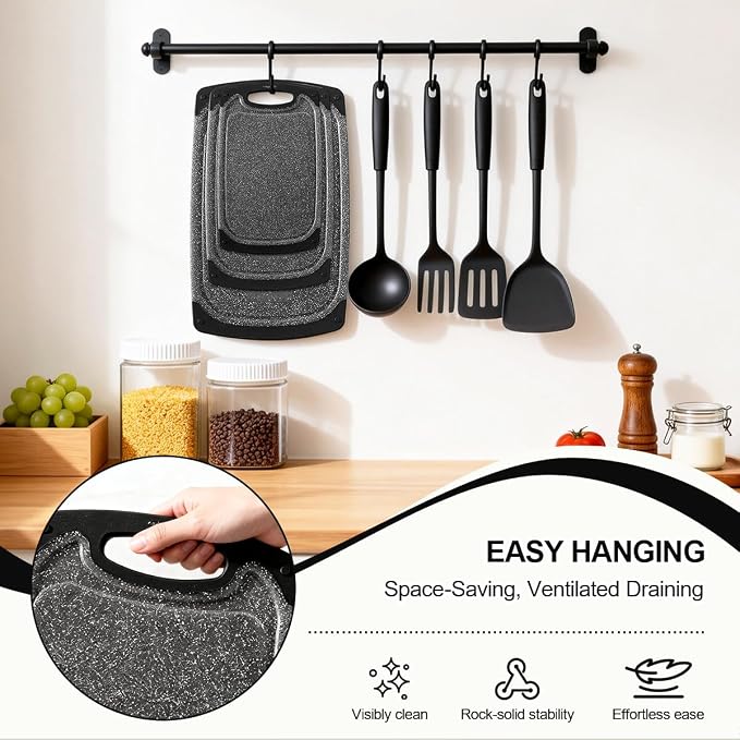 Viretang Plastic Cutting Boards Set of 3,BPA Free,Dishwasher Safe | Thick Chopping Boards for Kitchen with Deep Juice Grooves, Non‑Slip Feet, Easy Grip Handle, Grinding Area, Black