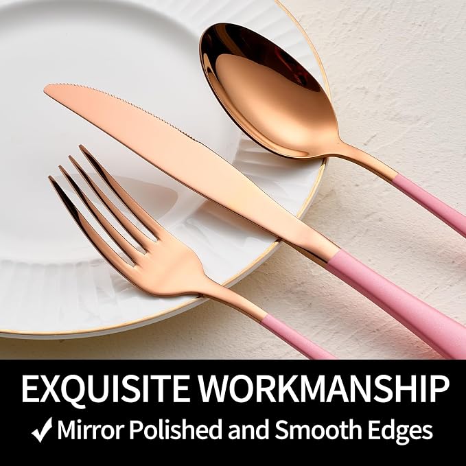 20-Pieces Rose Gold and Pink Silverware Sets for 4,Pink Handle Stainless Steel Cutlery Set, Include Forks Spoons and Knives Set, Dishwasher Safe Utensil Sets for Home Restaurant