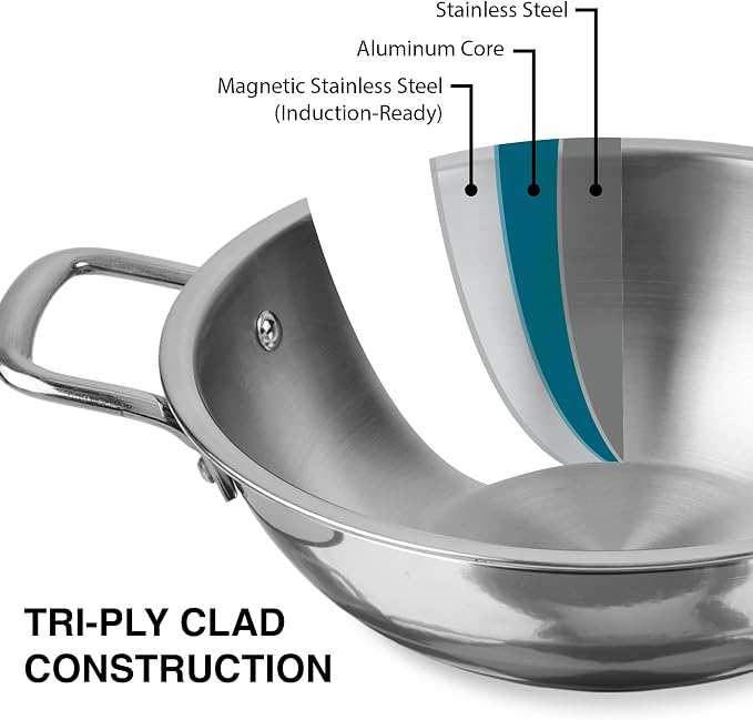 KSJONE 1-Quart Tri-Ply Stainless Steel Kadai with Lid, Less Oil Use, Healthy Cooking, Food Safe, Stay Cool Handles, Compatible with All Modern Cooktops, Oven-Safe, Dishwasher-Friendly