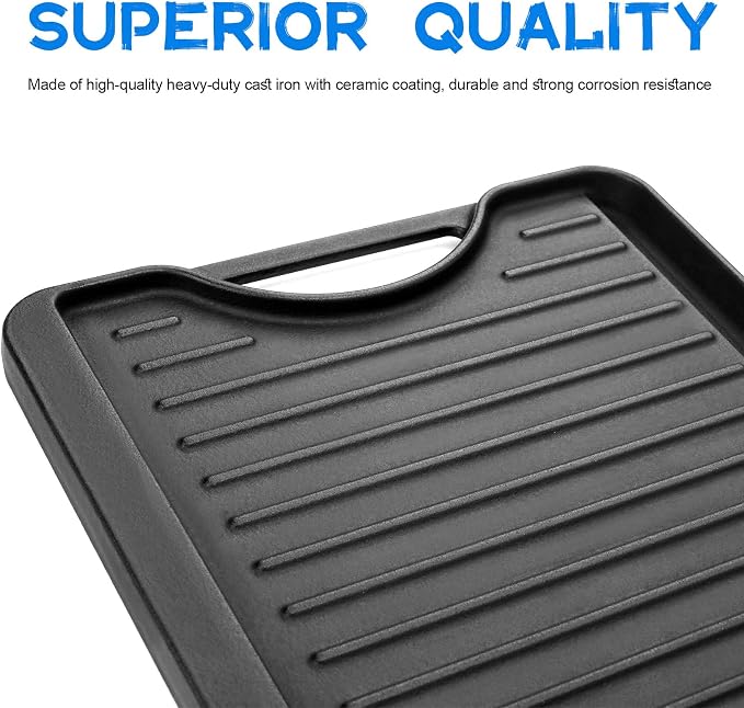 GGC Cast Iron Reversible Griddle | Double-sided Griddle Pan for Stove Tops and Gas Grills, 20"x 10.5" Flat and Ribbed Griddle Plate for Cooking