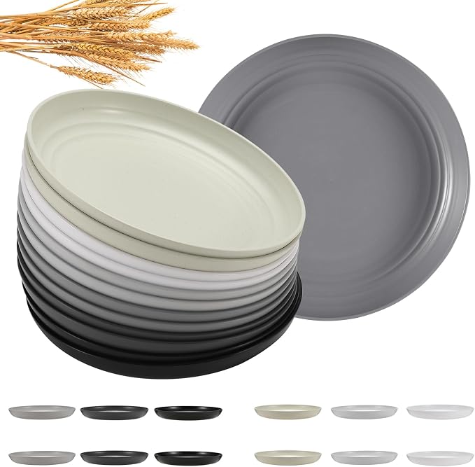 HEYCOME 12 Pcs Unbreakable Deep Dessert Plates Set, 8 inch Reusable Plastic Wheat Straw Plates, Microwave and Dishwasher Safe Plate for Kitchen, Lightweight Plate for Dessert, BPA Free, 6 Colors