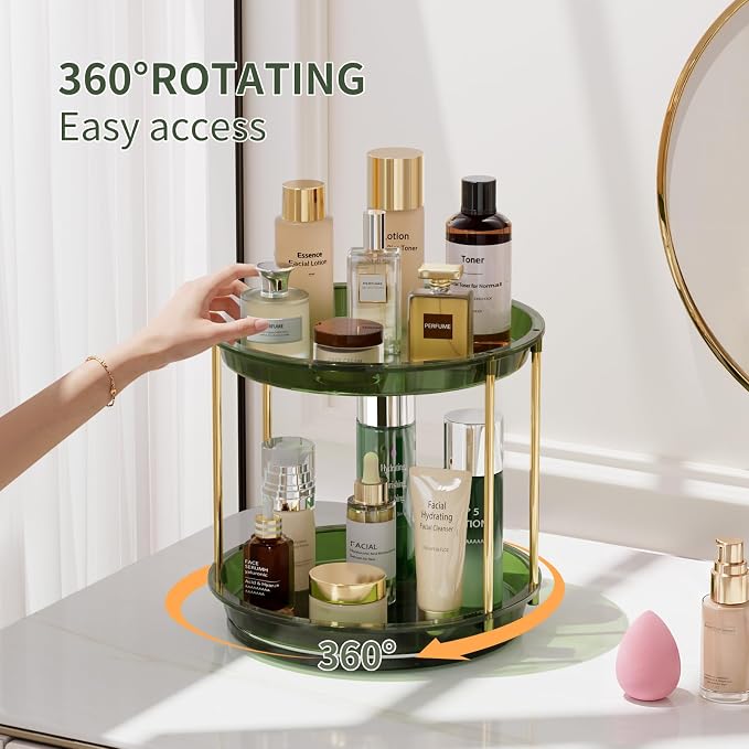 Rotating Makeup Organizer, Perfume Skincare Holder, 2 Tier 9 Inch, Green | 360° Smooth Spinning Vanity Tray, Large Capacity, Space-Saving Cosmetics Storage for Bathroom Countertop, Dresser