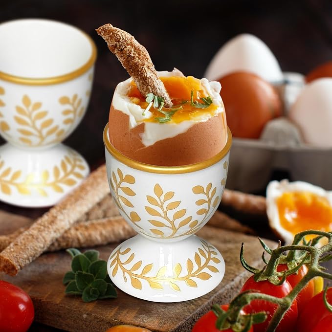 Cinf Ceramic Egg Cups, Set of 2, Champagne Gold Boiled Egg Holders | Set of 2 ceramic egg cups, elegant champagne gold stable base, easy to clean, ideal for boiled eggs and breakfast serving