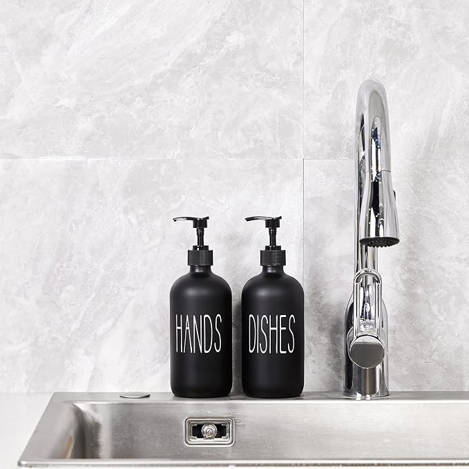 COHOSEGE Glass Soap Dispenser Set 2 Pack,Contains Hand and Dish Soap Dispenser.Premium 16 Oz Black Kitchen Soap Dispenser Set for Kitchen Sink and Farmhouse Decor