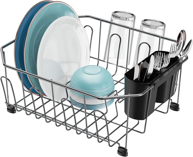 Small in Sink Dish Drying Rack - Stainless Steel for RV Kitchen | Compact Design for Apartments, Angled Corners Fit Square & Round Sinks, Utensil Holder, Cup Hooks, 1-2 Person, 11.6" x 13.4"