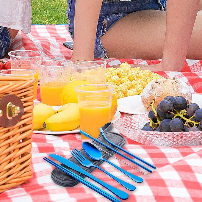 Travel Utensils Set with Case Reusable Portable Cutlery Set Stainless Steel 8pcs Including Dinner Knife Fork Spoon Chopsticks straws(Blue) | Dishwasher Including Dinner Knife Fork Spoon Chopsticks Straws Travel Fork Spoon Knife for Work, School, Campin...
