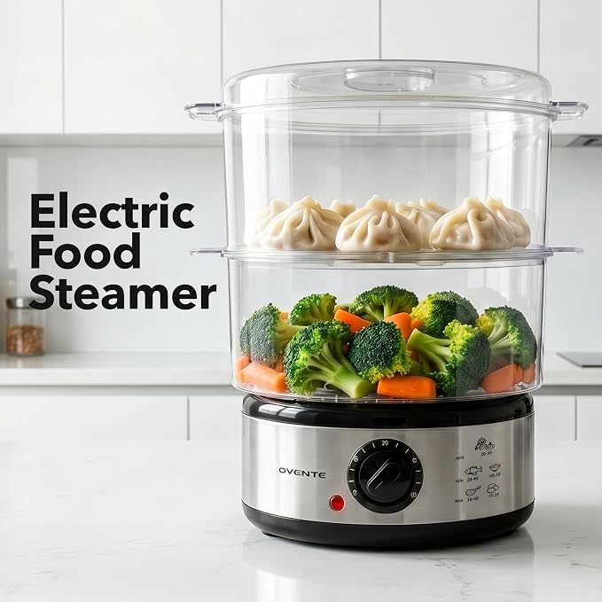 OVENTE 2-Tier Electric Food Steamer, 5 Qt Stainless Steel, Silver FS62S | Stackable Steam Cooker with 400W Power, 60-Minute Timer & Auto Shut-Off, Dishwasher Safe, Healthy Vegetables, Seafood & More